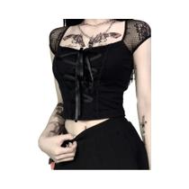 Camiseta Feminina Preta Gótica Com Renda E Tela, Estilo Vintage, Bodycon, Casual, Streetwear Camiseta Feminina Preta Gótica Com Renda E Tela, Estilo Vintage, Bodycon, Casual, Streetwear