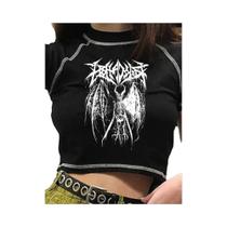 Camiseta Feminina Preta Harajuku Retro Coreana Punk Gótica Com Estampa De Anime, Top Cropped Slim Camiseta Feminina Preta Harajuku Retro Coreana Punk Gótica Com Estampa De Anime, Top Cropped Slim