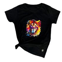 Camiseta Feminina Preta Leão colorido Camiseta Feminina Preta Leão colorido