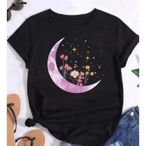 Camiseta Feminina Preta Lua Planeta Astronauta Estampas Vareadas! Camiseta Feminina Preta Lua Planeta Astronauta Estampas Vareadas!