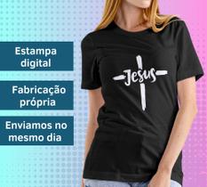 Camiseta Feminina Preta Manga Curta Jesus Cruz Moda Evangélica Cristã Gospel