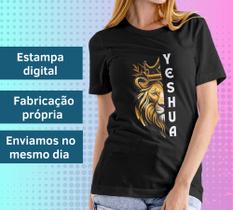 Camiseta Feminina Preta Manga Curta Leão Yeshua Moda Evangélica Cristã Gospel