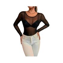 Camiseta Feminina Preta Sexy De Manga Longa Em Malha Transparente, Camiseta Fina E Ajustada, Camisa