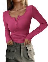 Camiseta feminina PRETTYGARDEN 2024 de manga comprida Henley