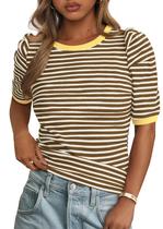 Camiseta feminina PRETTYGARDEN, de verão, listrada, cáqui