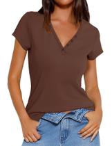 Camiseta feminina Prettywear com decote em V, manga curta, algodão e café Camiseta feminina Prettywear com decote em V, manga curta, algodão e café