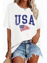 Camiseta Feminina Priynotk Patriótica EUA 4 de Julho Oversized Camiseta Feminina Priynotk Patriótica EUA 4 de Julho Oversized
