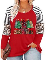 Camiseta feminina QAUN Plus Size Merry and Bright Christmas vermelha Camiseta feminina QAUN Plus Size Merry and Bright Christmas vermelha