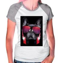 Camiseta Feminina Raglan Cinza Branco Buldog Francês Pet 02