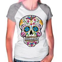 Camiseta Feminina Raglan Cinza Branco Caveira Mexicana 02