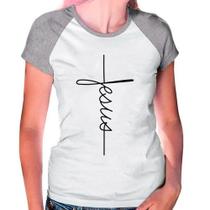 Camiseta Feminina Raglan Cinza Branco Gospel Católica 02