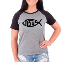 Camiseta Feminina Raglan Cinza Gospel Católica Jesus 11