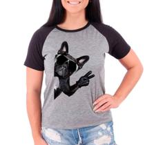 Camiseta Feminina Raglan Cinza Preto Buldog Francês Pet 01