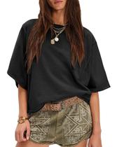Camiseta feminina RANTAR de algodão de grandes dimensões, folgada, preta Camiseta feminina RANTAR de algodão de grandes dimensões, folgada, preta