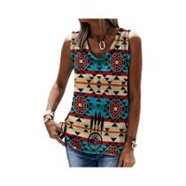 Camiseta Feminina Retrô Estampada Casual Sem Mangas, Caimento Solto, Estilo Étnico Ocidental Camiseta Feminina Retrô Estampada Casual Sem Mangas, Caimento Solto, Estilo Étnico Ocidental
