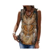 Camiseta Feminina Retrô Estampada Casual Sem Mangas, Estilo Solto Étnico Ocidental