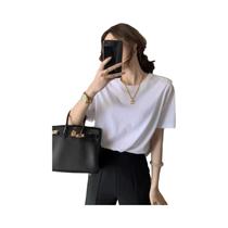 Camiseta Feminina Retro Preta De Algodão Com Manga Curta, Top De Verão Em Cor Sólida Camiseta Feminina Retro Preta De Algodão Com Manga Curta, Top De Verão Em Cor Sólida