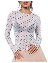 Camiseta feminina RoseSeek de malha transparente de manga comprida com gola de barco Camiseta feminina RoseSeek de malha transparente de manga comprida com gola de barco