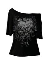 Camiseta feminina RoseSeek, sem ombros, estampa gótica, preta