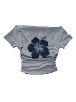 Camiseta feminina RoseSeek Y2K Hibiscus floral franzida cinza claro
