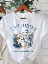 Camiseta Feminina Santorini Estampada Com Gola Redonda E Manga Curta, Camiseta Gráfica Camiseta Feminina Santorini Estampada Com Gola Redonda E Manga Curta, Camiseta Gráfica