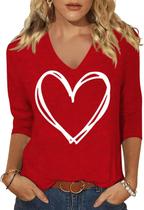 Camiseta feminina Scgirl de manga 3/4 com decote em V com estampa Love Heart