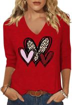 Camiseta feminina Scgirl de manga 3/4 com decote em V com estampa Love Heart Camiseta feminina Scgirl de manga 3/4 com decote em V com estampa Love Heart
