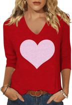 Camiseta feminina Scgirl de manga 3/4 com decote em V com estampa Love Heart