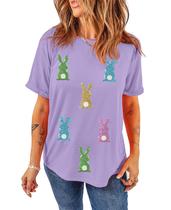 Camiseta feminina SELINK com estampa de lantejoulas no Dia da Páscoa roxa Bunny-S Camiseta feminina SELINK com estampa de lantejoulas no Dia da Páscoa roxa Bunny-S
