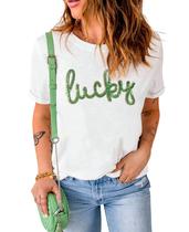 Camiseta feminina SELINK de lantejoulas com estampa St Patricks de manga curta Camiseta feminina SELINK de lantejoulas com estampa St Patricks de manga curta
