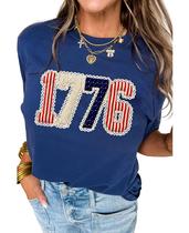 Camiseta feminina SELINK, lantejoulas, estampada para o Dia dos Presidentes, azul Camiseta feminina SELINK, lantejoulas, estampada para o Dia dos Presidentes, azul