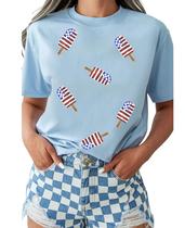Camiseta feminina SELINK, manga curta de verão, picolé de 4 de julho Camiseta feminina SELINK, manga curta de verão, picolé de 4 de julho