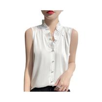 Camiseta Feminina Sem Mangas Em Cetim Com Decote Em V, Borda Em Cogumelo, Fivela Falsa, Moda