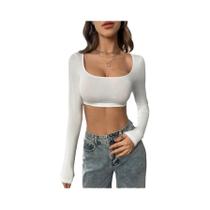 Camiseta Feminina Sexy com Gola Quadrada e Manga Comprida - Top Casual Fashion
