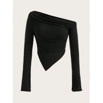 Camiseta Feminina Sexy De Manga Longa Com Um Ombro Y2K Grunge Goth Slim Fit Primavera Outono