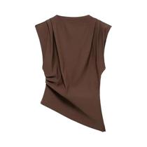 Camiseta Feminina Slim Assimétrica Cropped Sem Mangas Plissada Preta Vermelha Marrom Y2K Verão