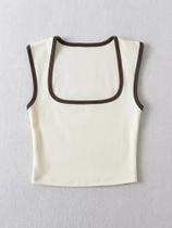 Camiseta Feminina Slim Fit Com Contraste, Sem Mangas, Gola Quadrada, Top Cropped Casual, Moda Y2K