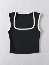 Camiseta Feminina Slim Fit Com Contraste, Sem Mangas, Gola Quadrada, Top Cropped Casual, Moda Y2K