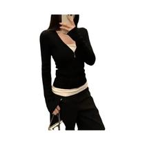 Camiseta Feminina Slim Fit Com Decote Em V E Zíper, Manga Longa, Preto E Branco, Estilo Y2K, Top De