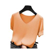 Camiseta Feminina Slim Fit Com Decote Em V Manga Curta Azul Preto Laranja Top De Malha De Verão