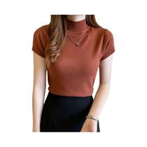 Camiseta Feminina Slim Fit De Gola Alta, Tricô, Manga Curta, Casual E Elegante, Pullover De