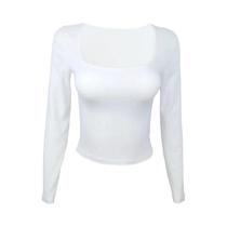 Camiseta Feminina Slim Fit De Manga Longa Com Gola Quadrada, Blusa Justa Para Uso Casual/Urbano