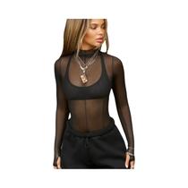 Camiseta Feminina Slim-Fit Em Malha Transparente Com Manga Longa E Gola Alta, Moda Y2K, Outono 2025