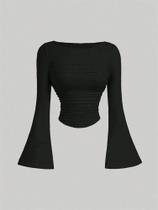 Camiseta Feminina Slim Fit Franzida - Manga Comprida, Gola Redonda e Blusa Plissada para Primavera