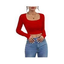 Camiseta Feminina Slim Fit Manga Longa - Gola Quadrada, Sexy e Casual