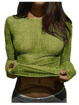 Camiseta feminina SOLY HUX com strass transparente com gola redonda verde Camiseta feminina SOLY HUX com strass transparente com gola redonda verde