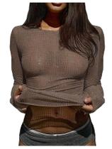 Camiseta feminina SOLY HUX com strass transparente, gola redonda, marrom Camiseta feminina SOLY HUX com strass transparente, gola redonda, marrom