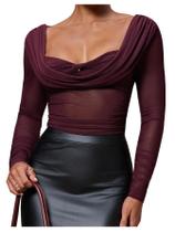Camiseta feminina SOLY HUX de malha de manga comprida com drapeado Camiseta feminina SOLY HUX de malha de manga comprida com drapeado