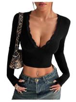 Camiseta feminina SOLY HUX de renda profunda com decote em V e manga comprida preta