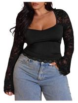 Camiseta feminina SOLY HUX plus size de renda sem encosto preta Camiseta feminina SOLY HUX plus size de renda sem encosto preta